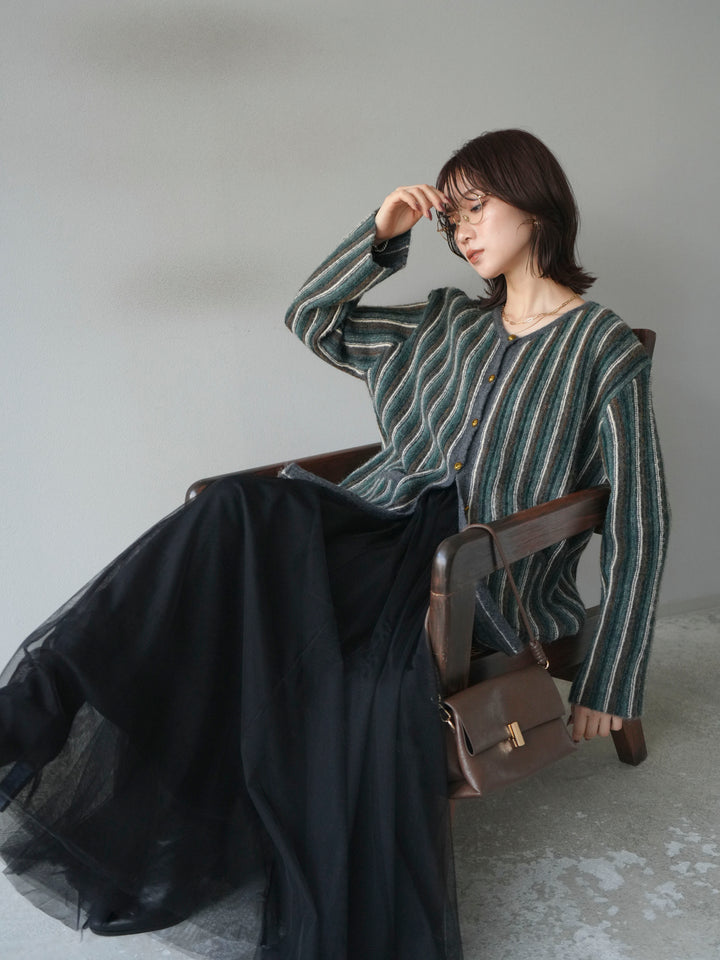 [予約]アンティークボタンストライプニットカーディガン/charcoal