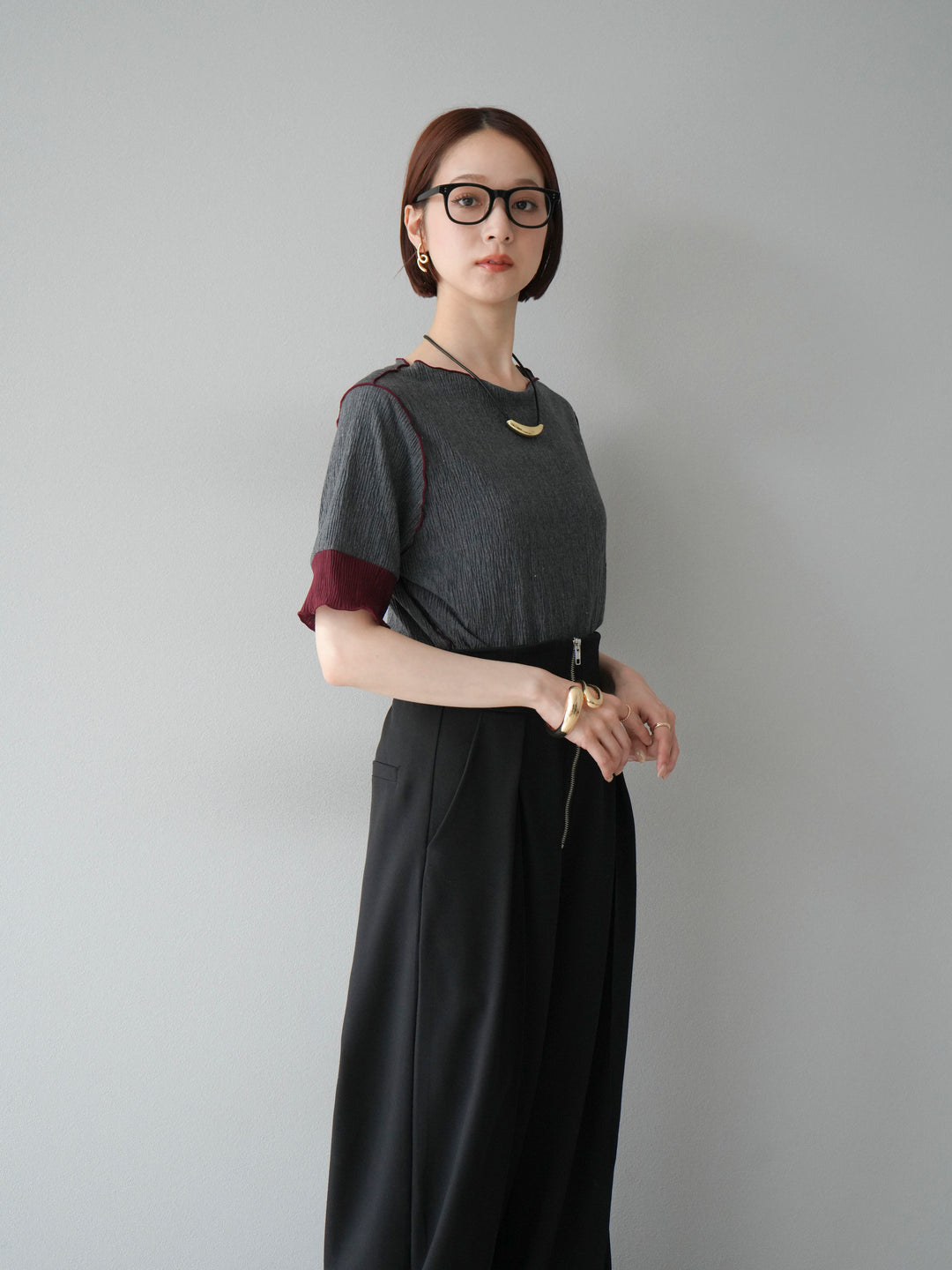 [SET] 百褶同色船領套頭衫 + 拉鍊褶襉寬褲 (2 套)