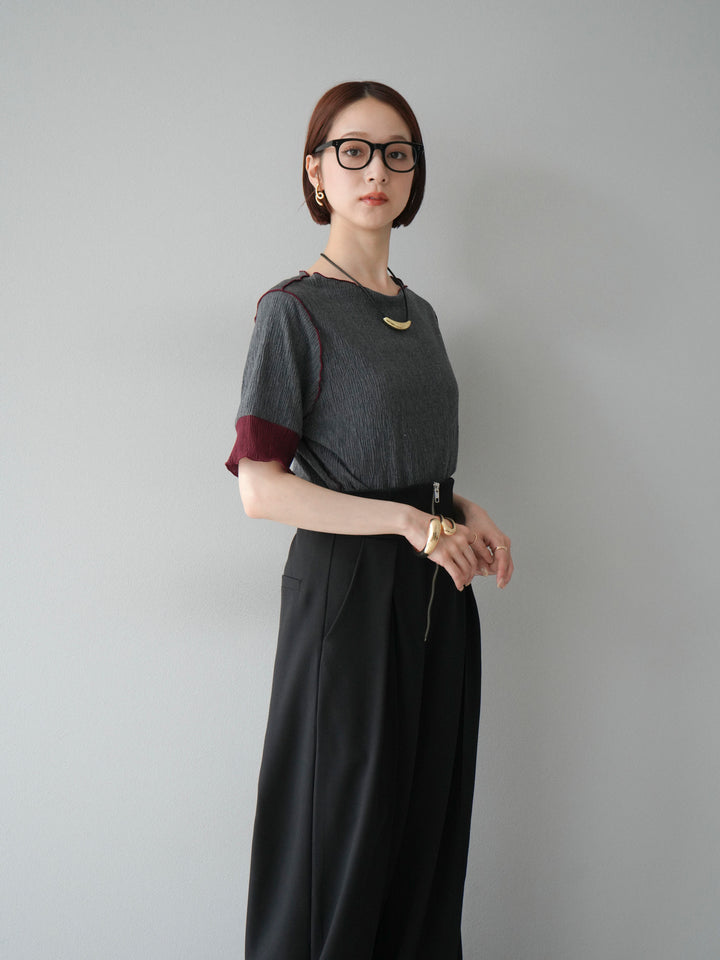 [SET] 百褶同色船領套頭衫 + 拉鍊褶襉寬褲 (2 套)