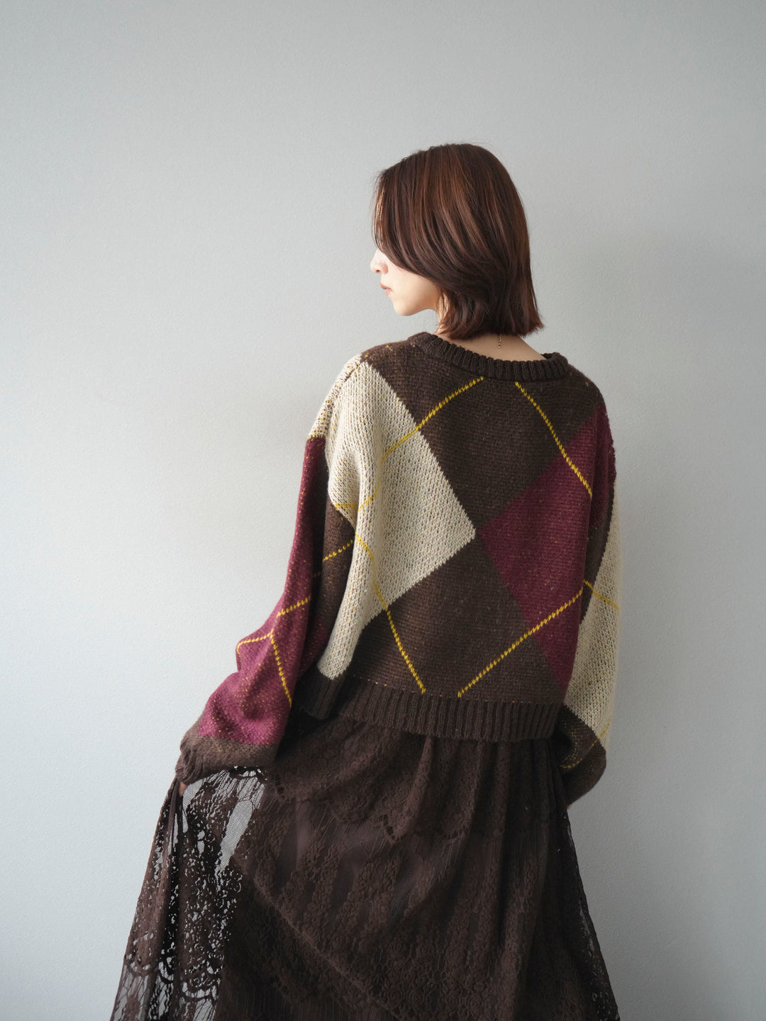 [SET]配色ステッチアーガイル柄ニットプルオーバー+ヴィンテージライクメッシュレーススカート(2set)