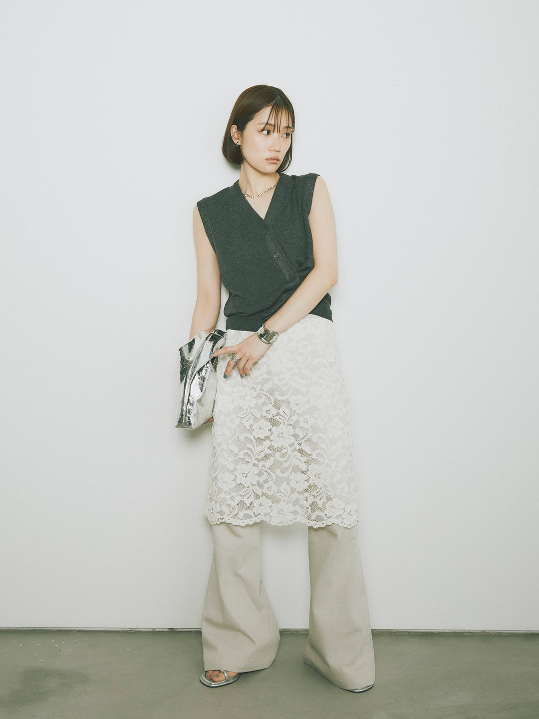 [SET]2WAYデザインニットベスト+レイヤードスカートセットフレアパンツ(2set)