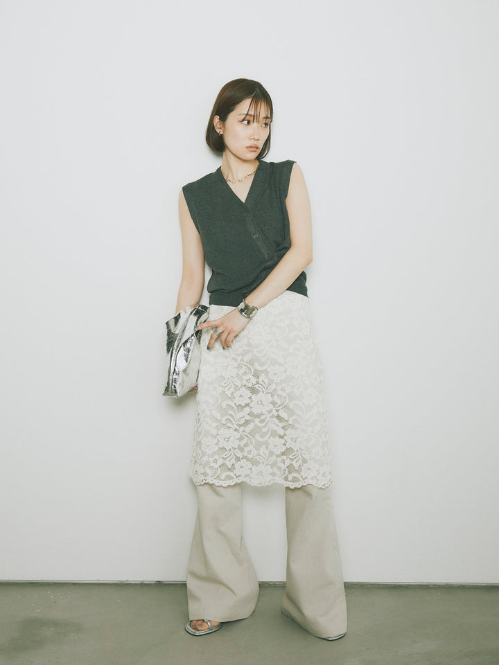 [SET]2WAYデザインニットベスト+レイヤードスカートセットフレアパンツ(2set)