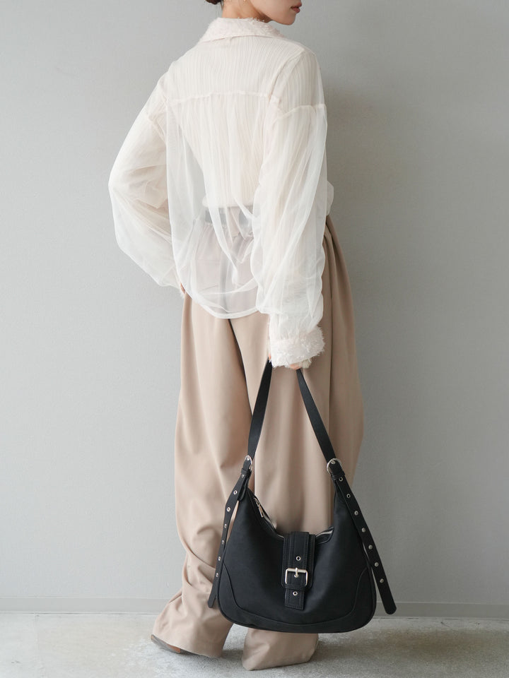 [SET]フリンジジャガード×チュールレイヤードシャツ+アームシャギーランダムリブニットトップス+ベルト付タックワイドパンツ(3set)