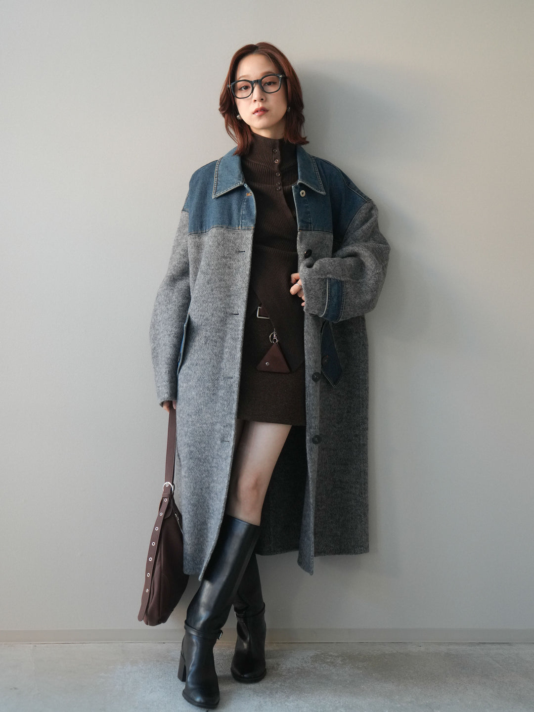 [予約]ウールタッチベルト付ミニスカート/brown