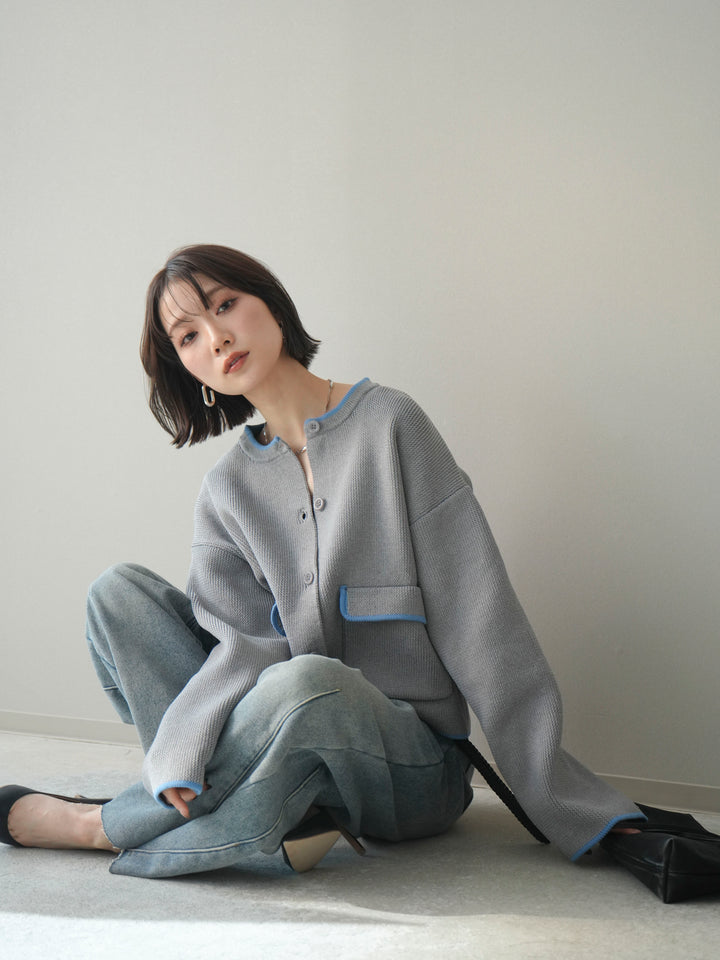 [SET]ポリエステル配色ニットカーディガン+裏起毛カットオフカーブデニムパンツ(2set)