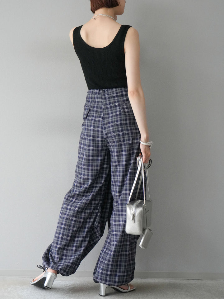 [予約]チェック柄ウエスト巻きドロストパンツ/ネイビー