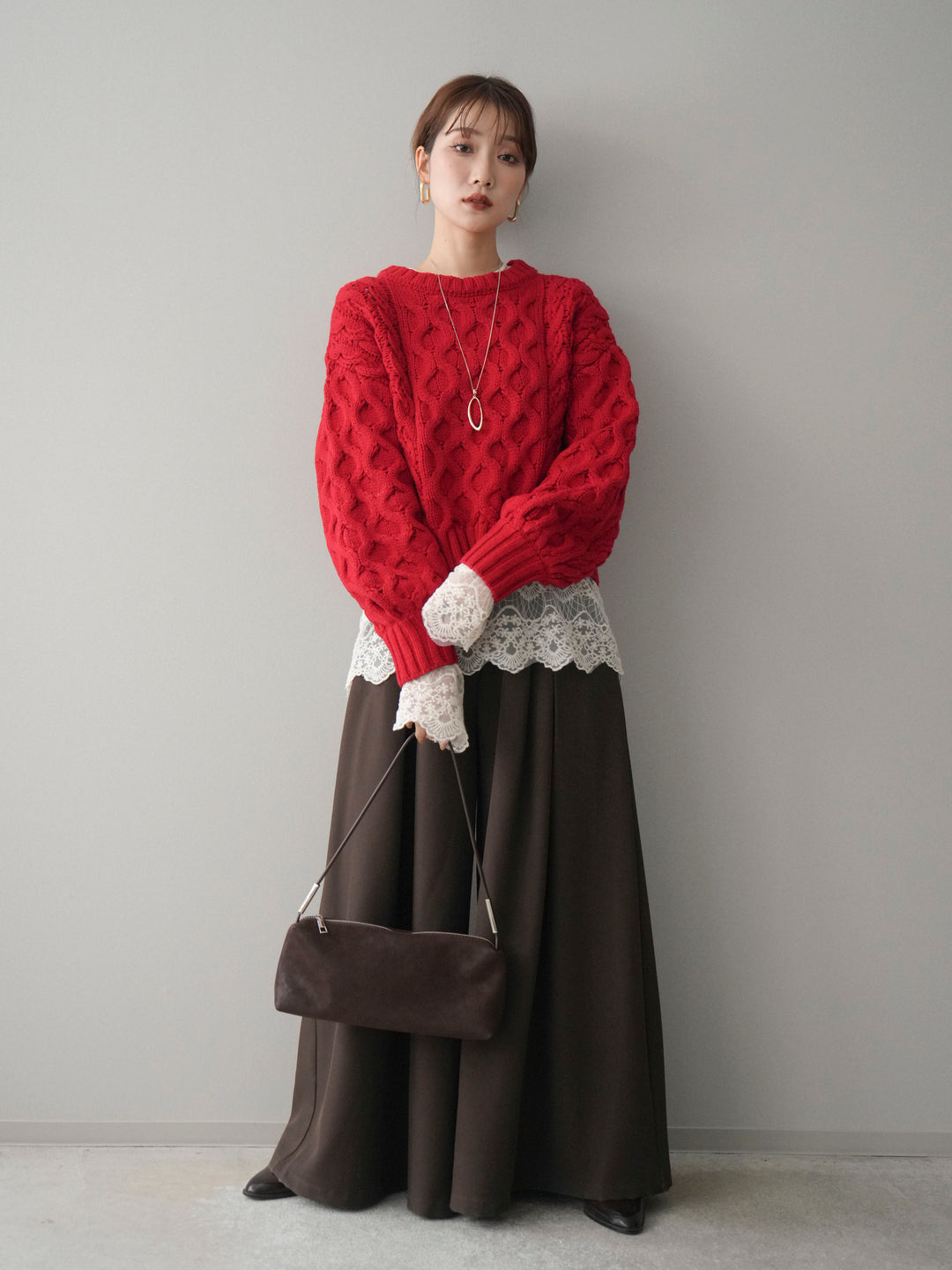 [SET]バルキーケーブルクロップドニットプルオーバー+テープベルトタックバギーパンツ(2set)