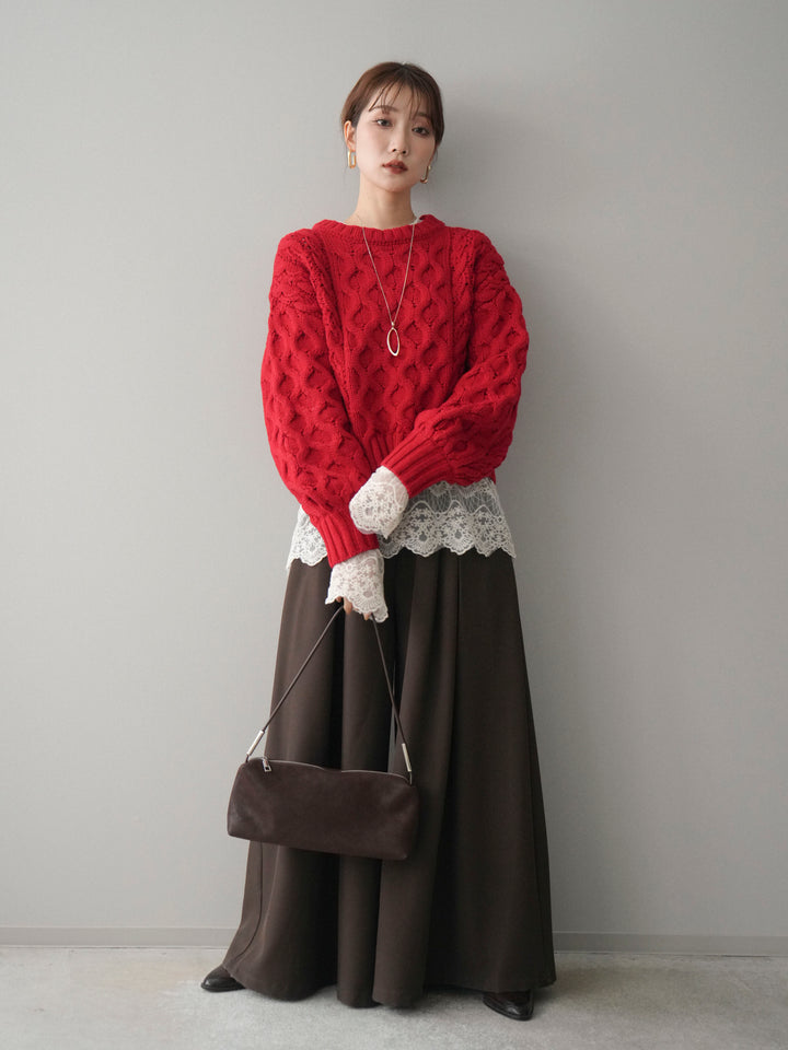 [SET]バルキーケーブルクロップドニットプルオーバー+テープベルトタックバギーパンツ(2set)