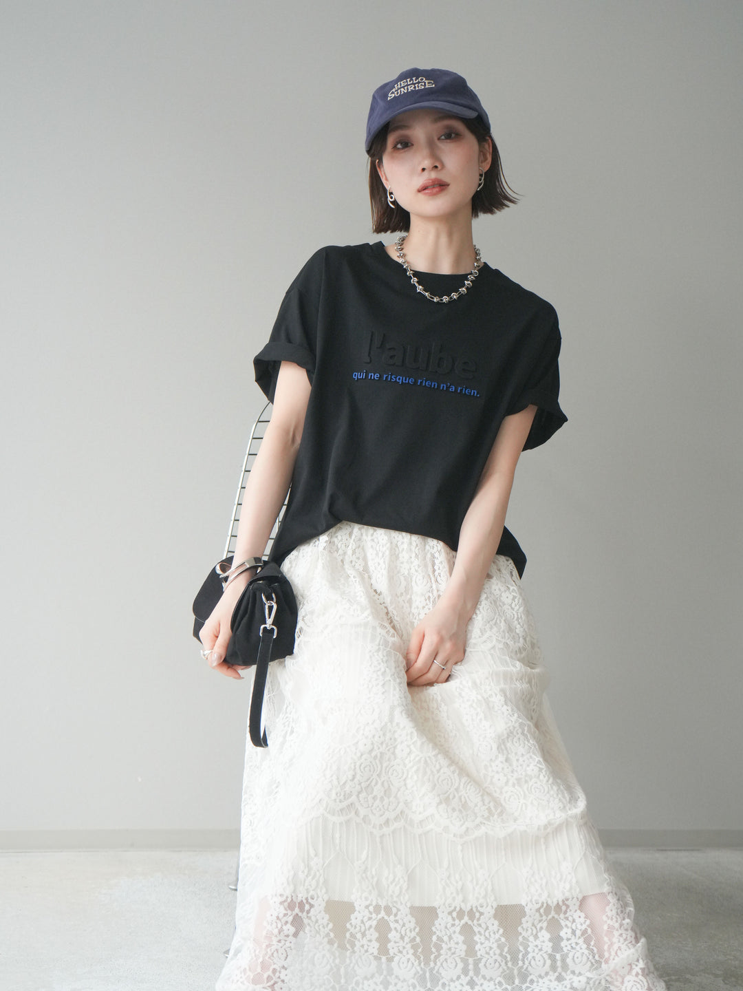 [SET]エンボスロゴTEE+裏プリーツ総レースロングスカート(2set)