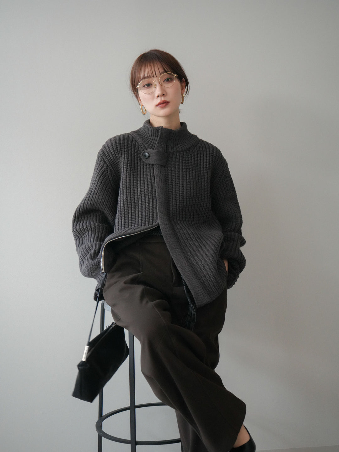 [SET]畦編みボトルネックZIPニットカーディガン+ベルト付裏起毛センターシームカーブパンツ(2set)