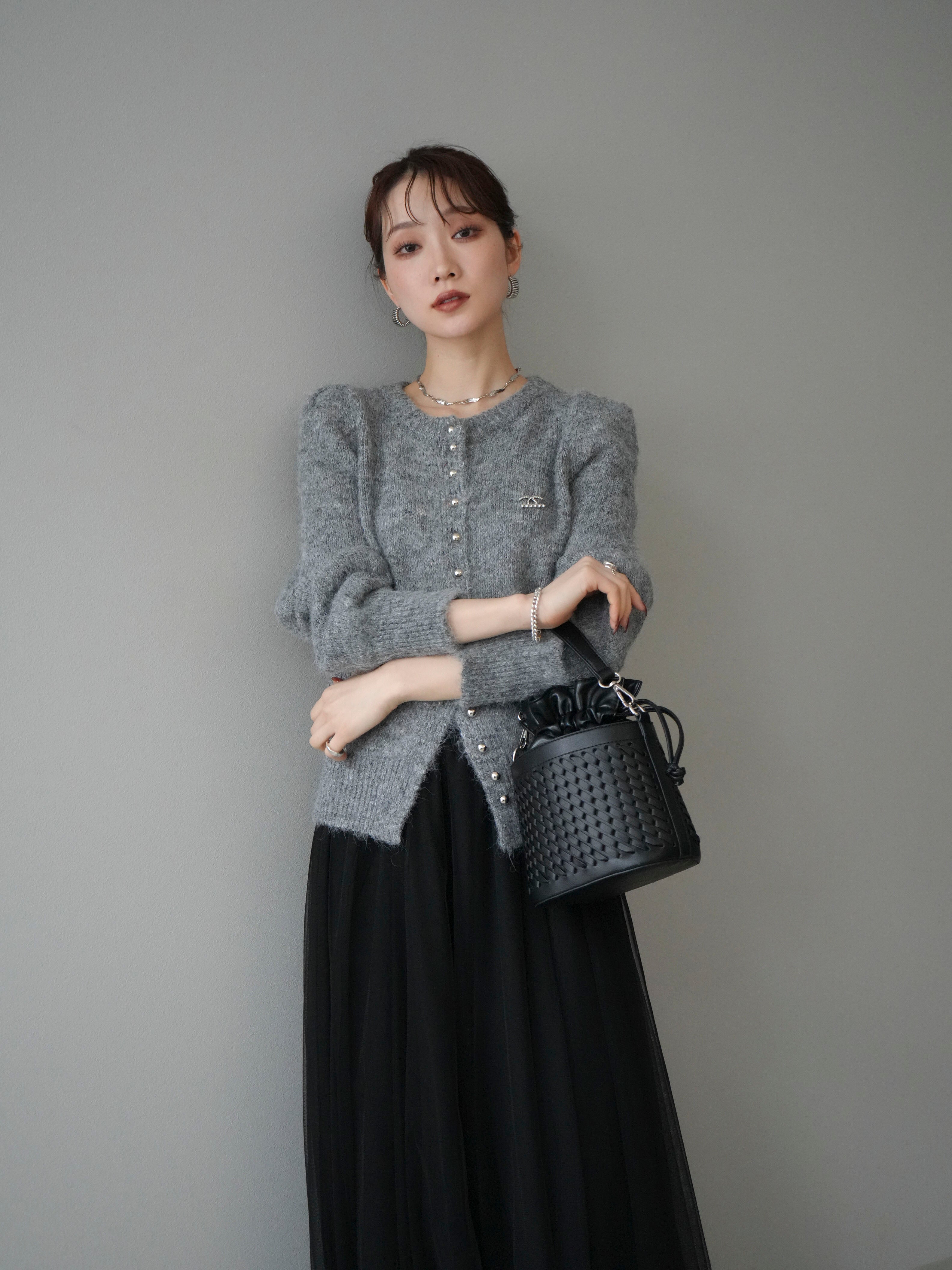 極美品☆HERMES エルメス ウール100％ チュールボウタイ・ロゴボタン付 比翼仕立て 長袖 ニット カーディガン ダークブラウン 34 イタリア製 正規品 レディース SET]モチーフ付silverボタンミックスニットカーディガン+チュール