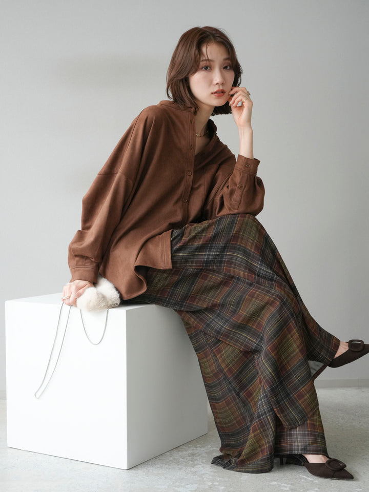 [SET]スエードバンドカラーオーバーシャツ+シアーチェックバギーパンツ(2set)