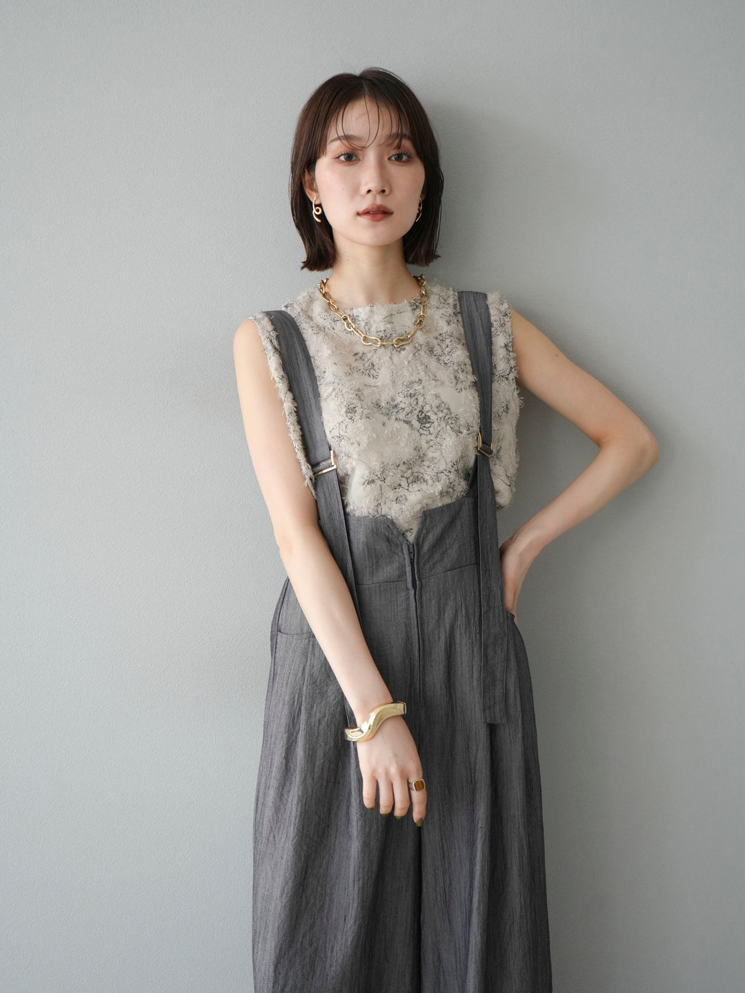 [予約]ストリングデザインハイウエストサロペット/チャコール