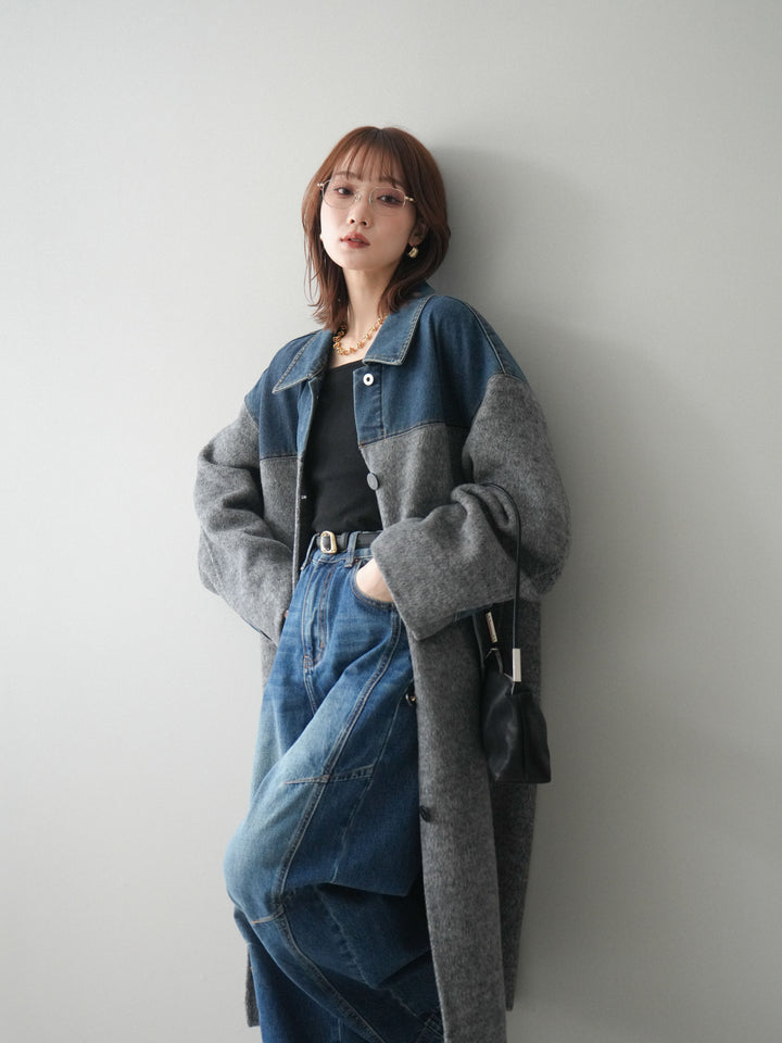 [予約]デニム切替シャギーステンカラーコート/gray