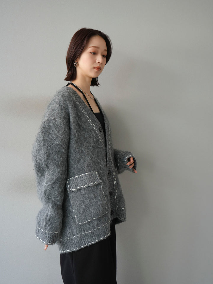 [予約]ステッチVネックニットカーディガン/グレー