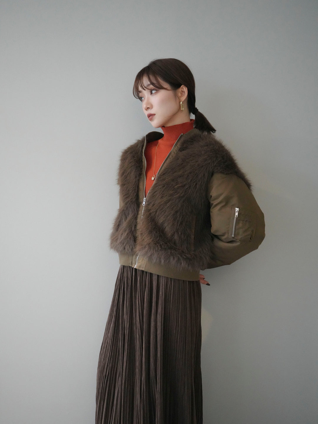 [SET]ファードッキングMA-1+裾レーススウェードプリーツマキシスカート(2set)