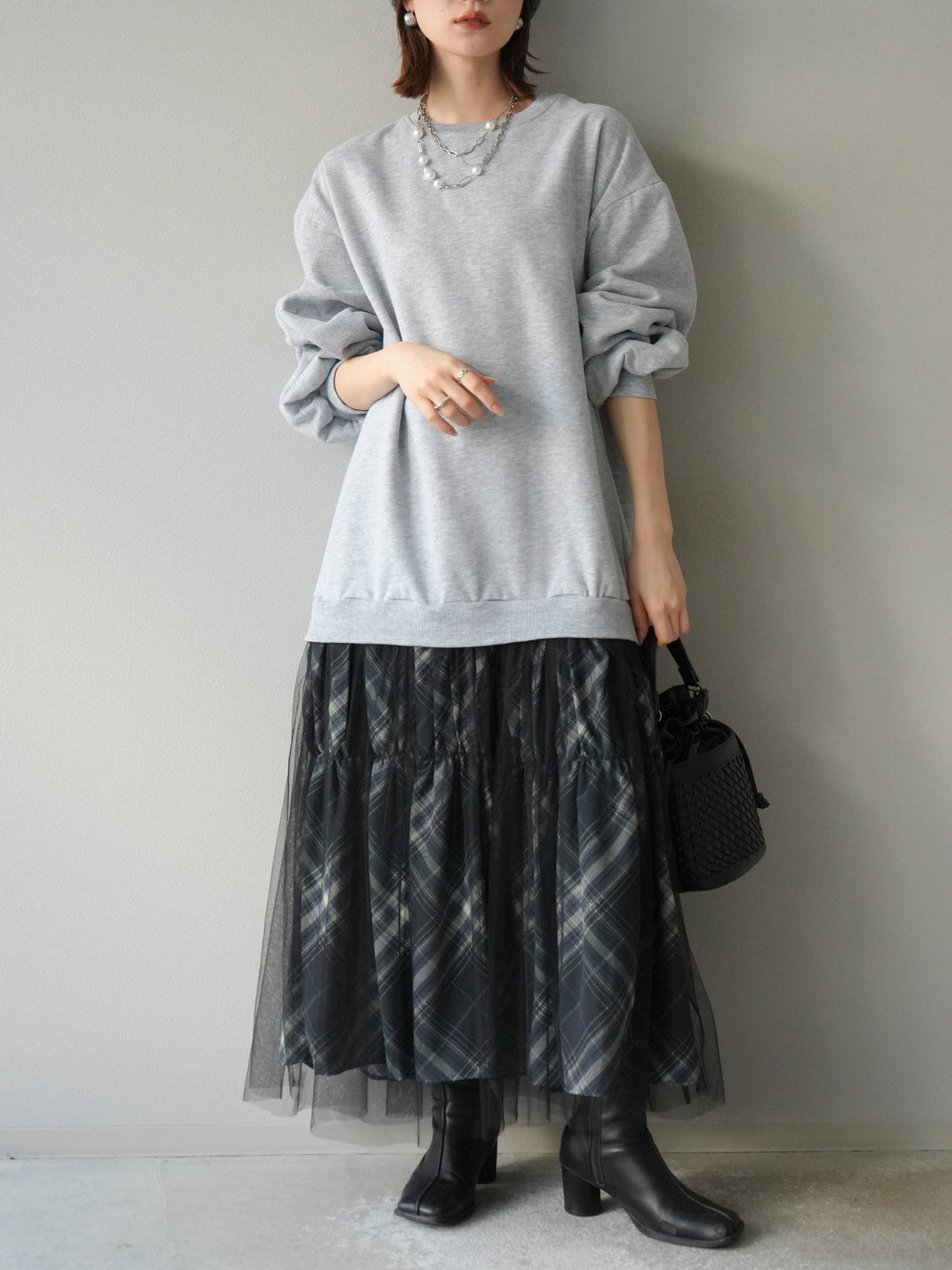 [予約]スウェットドッキングチェック柄レイヤードワンピース/グレー