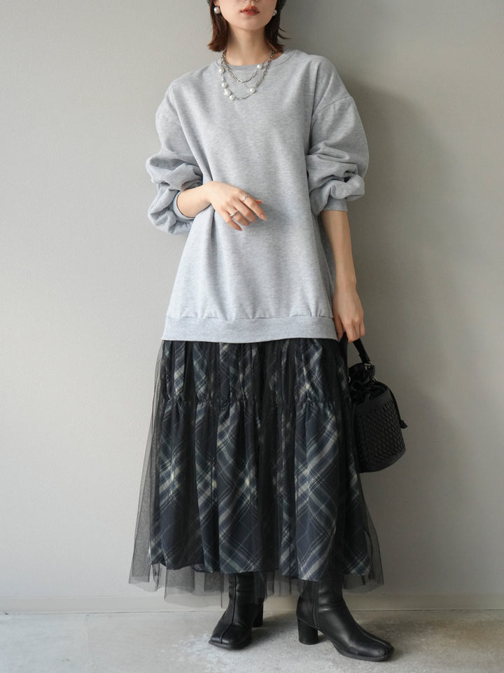 [予約]スウェットドッキングチェック柄レイヤードワンピース/グレー