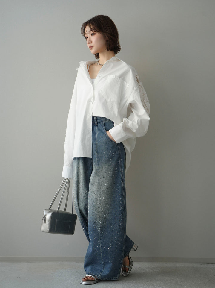 [SET]アームレースブロードシャツ+フロントビジューカーブデニムパンツ(2set)