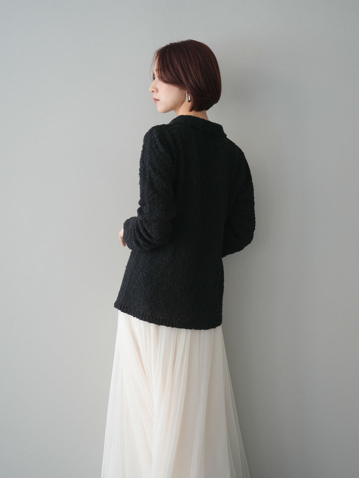 [予約]透かし編みブークレポロニットトップス/black