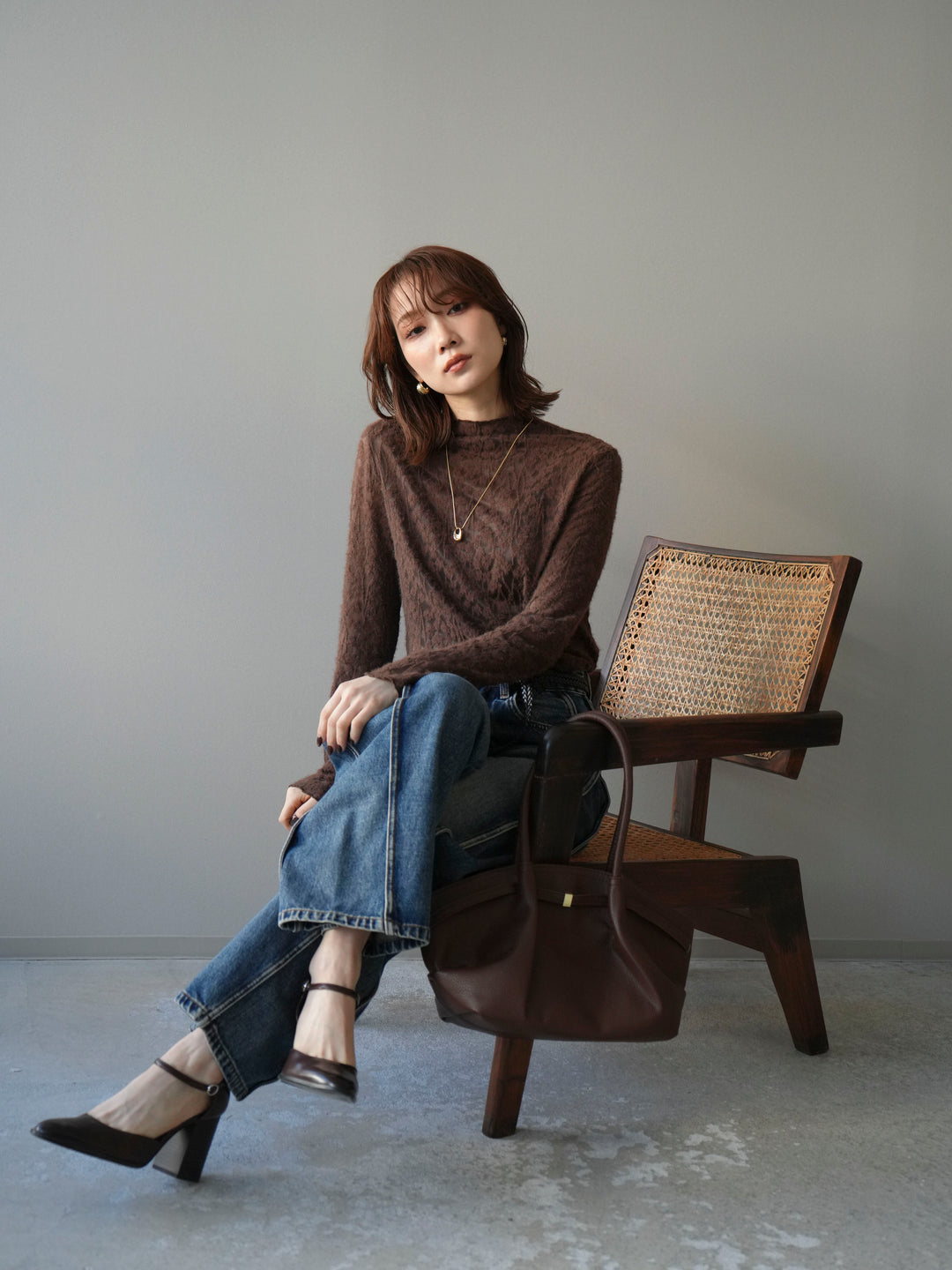 [予約]起毛レースプチネックトップス/brown