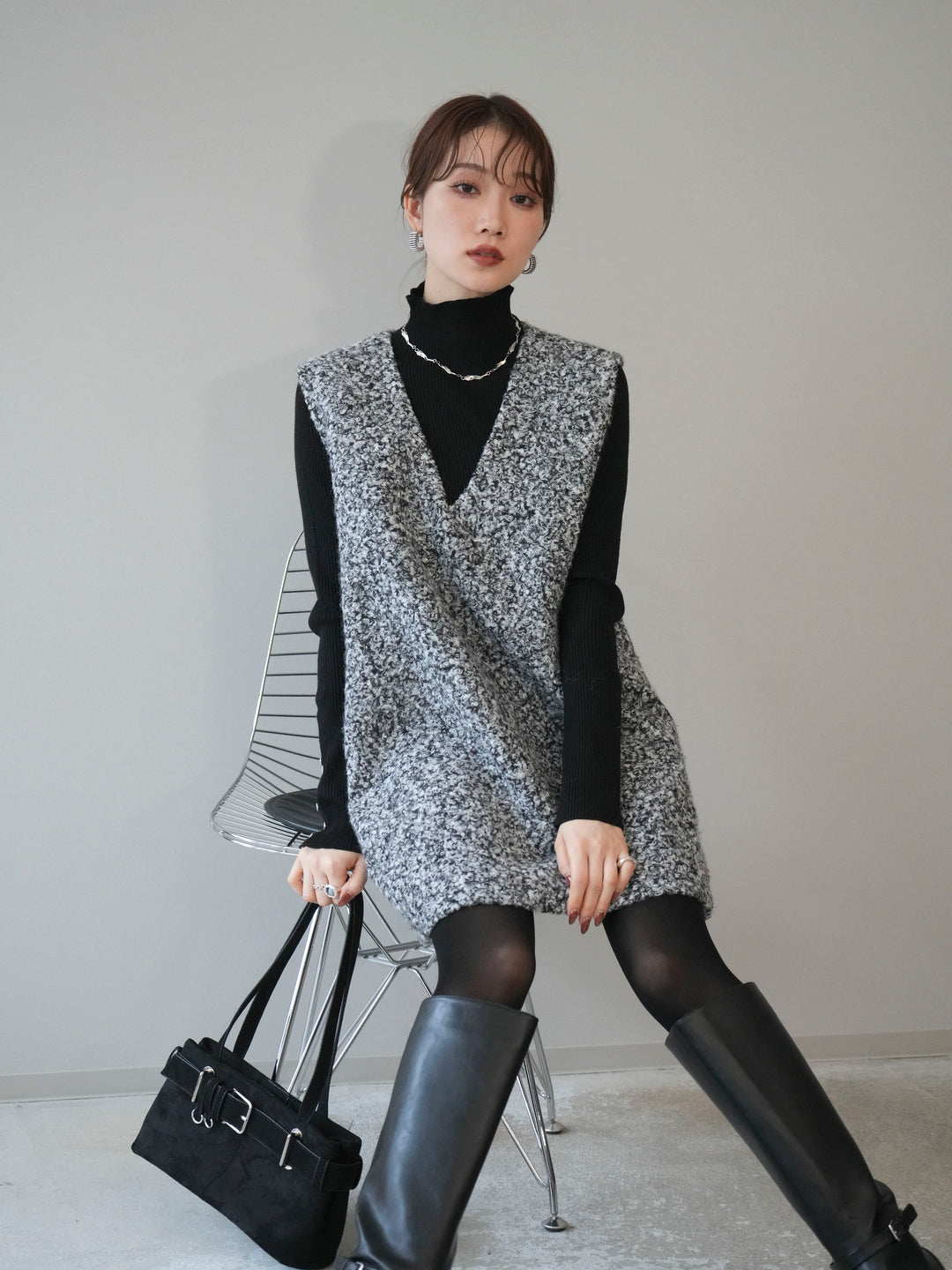 [予約]ミックスループヤーンニットミニワンピース/gray