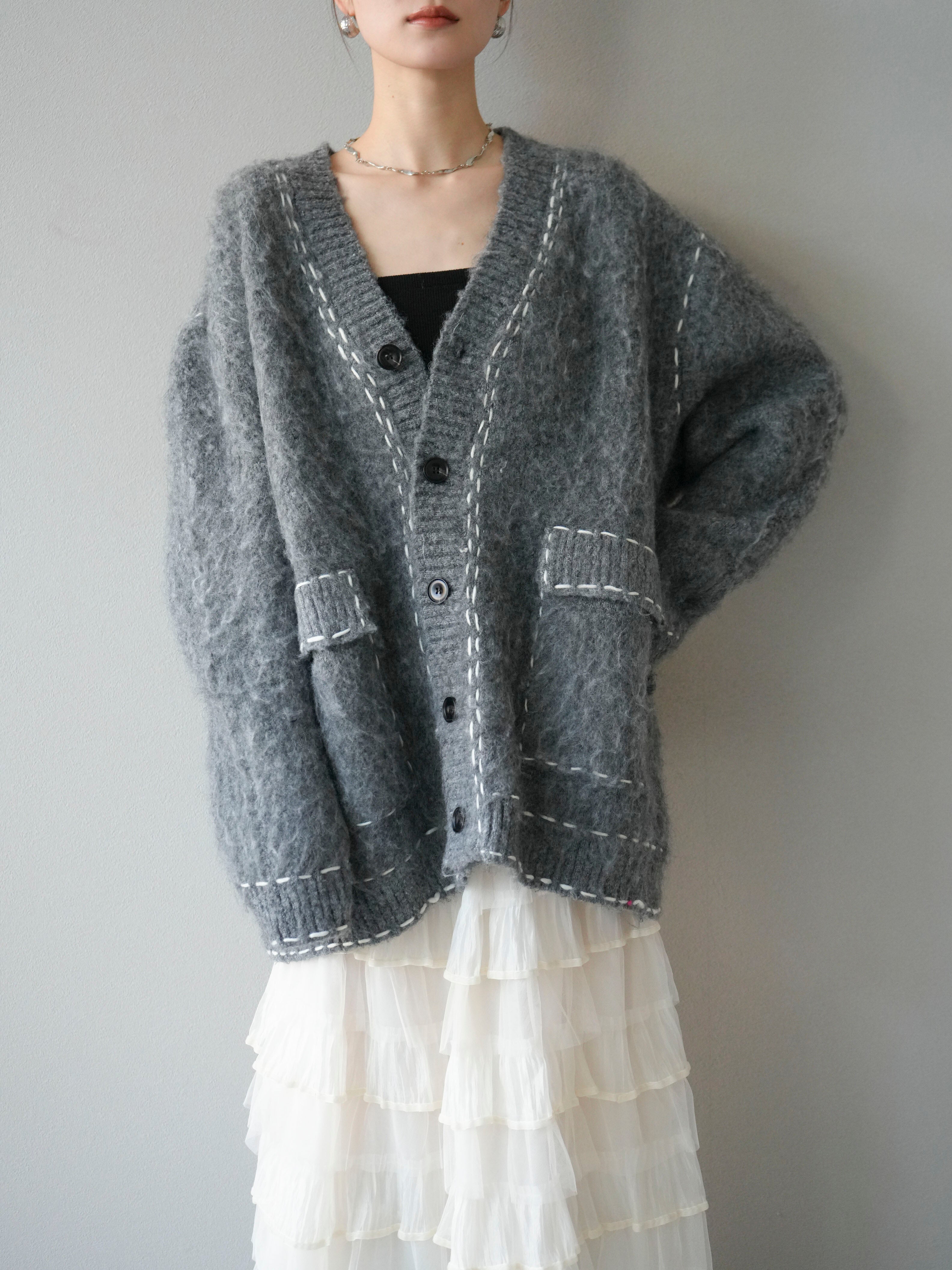 SET]ステッチVネックニットカーディガン+ベロアパイピング