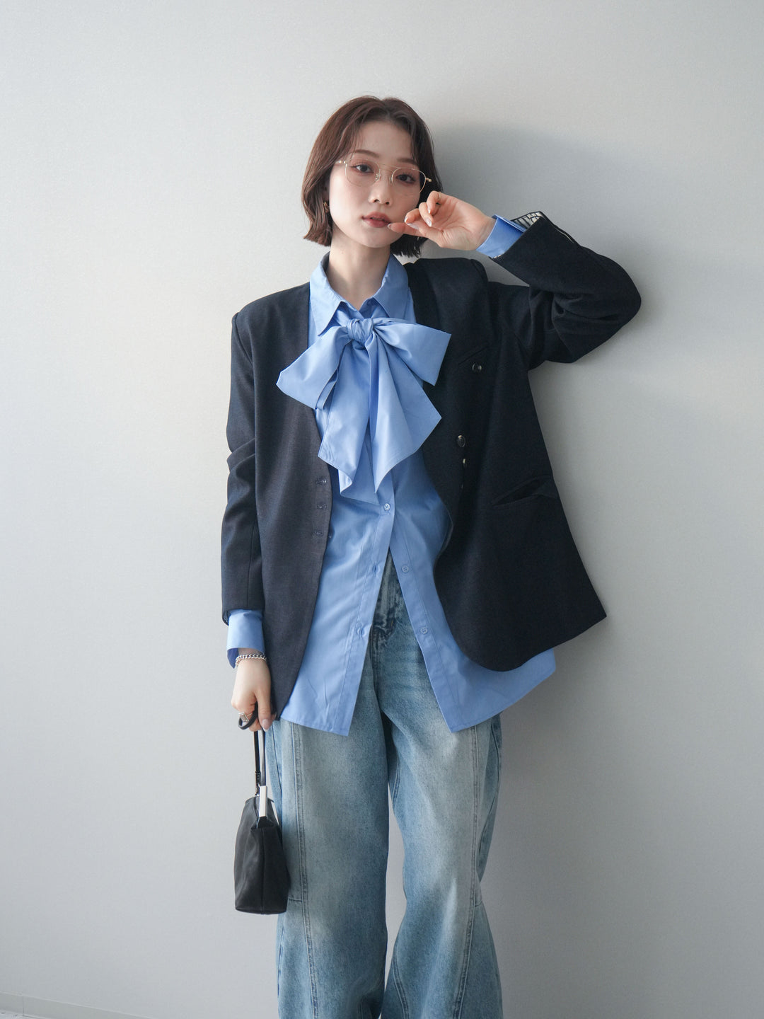 [SET]ノーカラージャケット+ボウタイ付オーバーシャツ(2set)