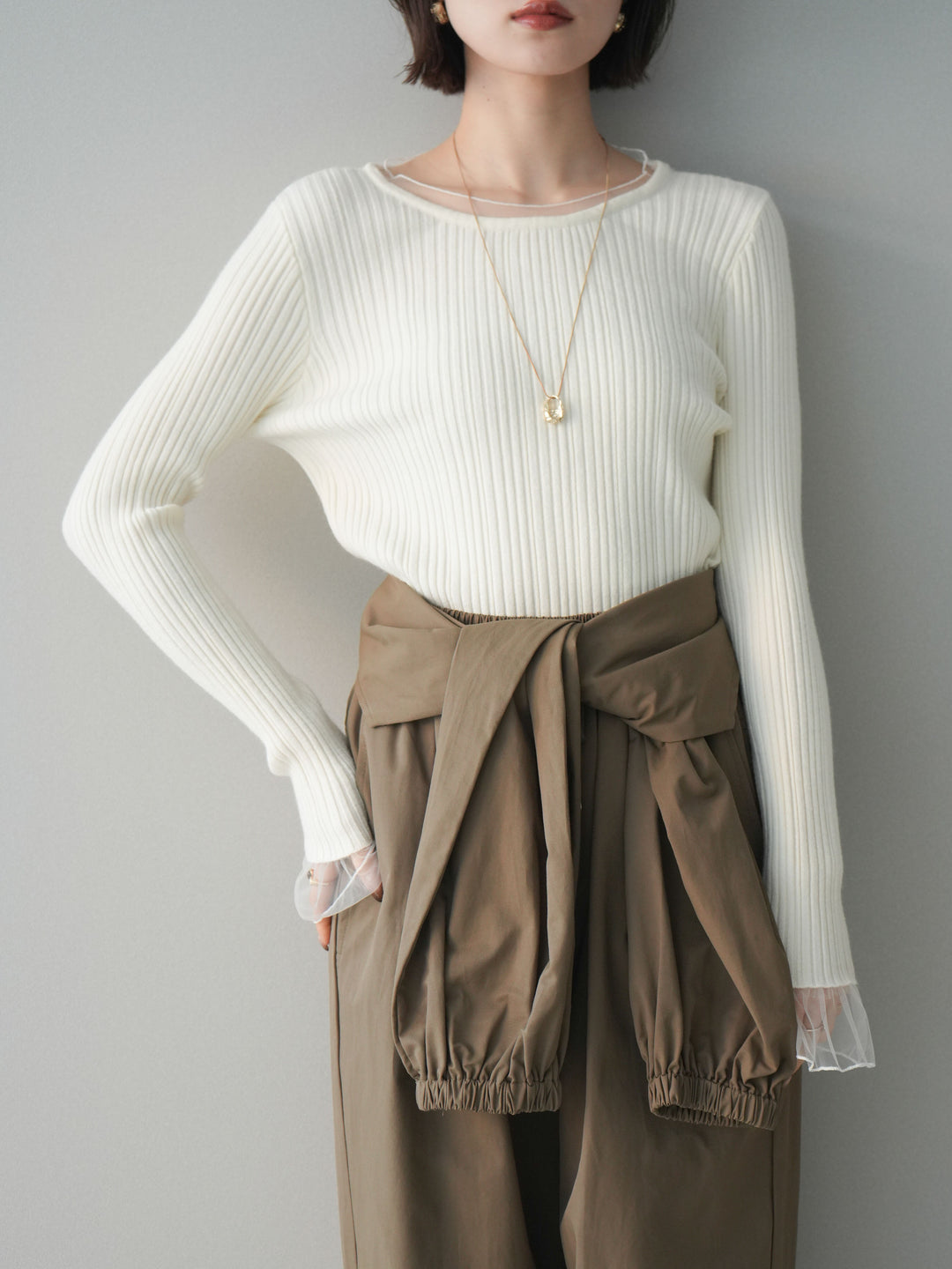 [予約]チュールレイヤードリブニットトップス/ivory