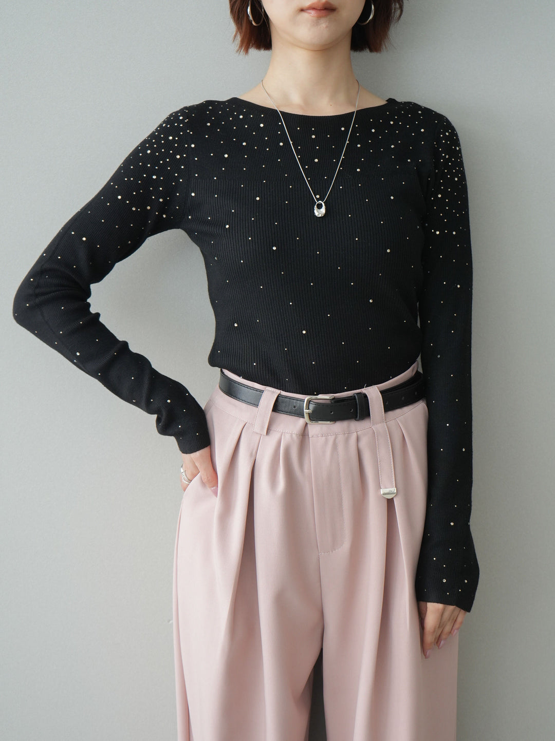 [SET]スパンコールシアーニットトップス+選べるアクセセット(2set)