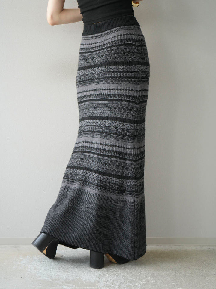 [予約]ガーター編みニットロングスカート/グレー×ブラック