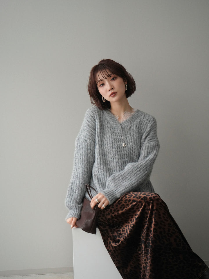 [SET]Vネックレースニットプルオーバー+レオパードベロアナロースカート(2set)