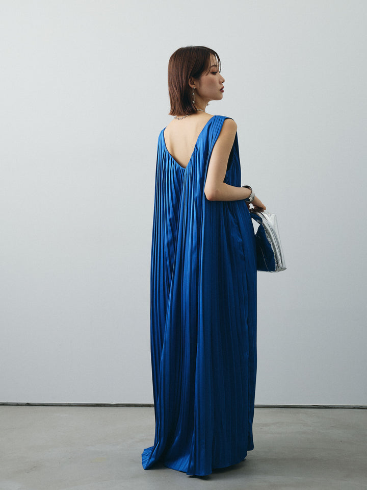 [予約]サテンプリーツVネックワンピース/ブルー