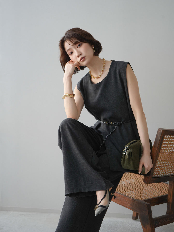 [SET]ベルト付ノースリーブトップス＆ワイドパンツSETUP
