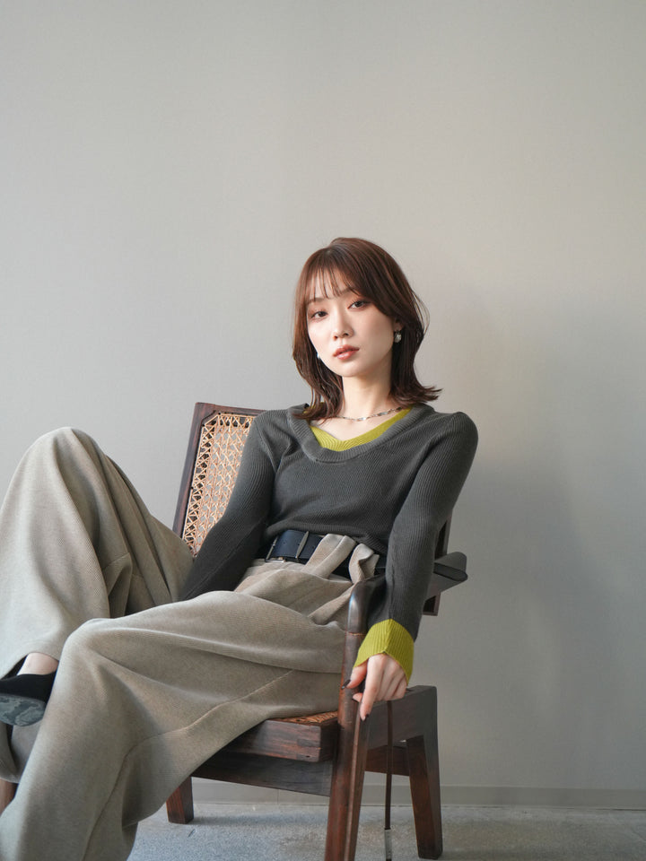 [SET]Uネック配色レイヤードリブニットトップス+選べるアクセセット(2set)