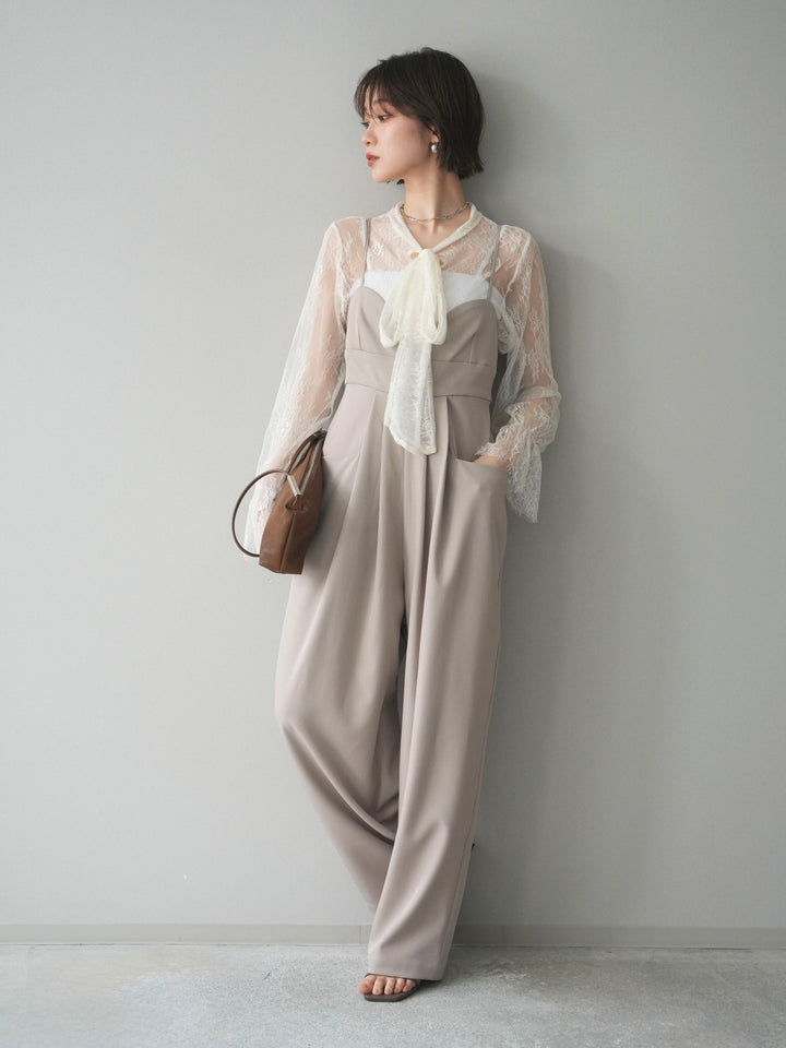 [SET]バックデザインサロペット+リバーレースボウタイトップス(2set)