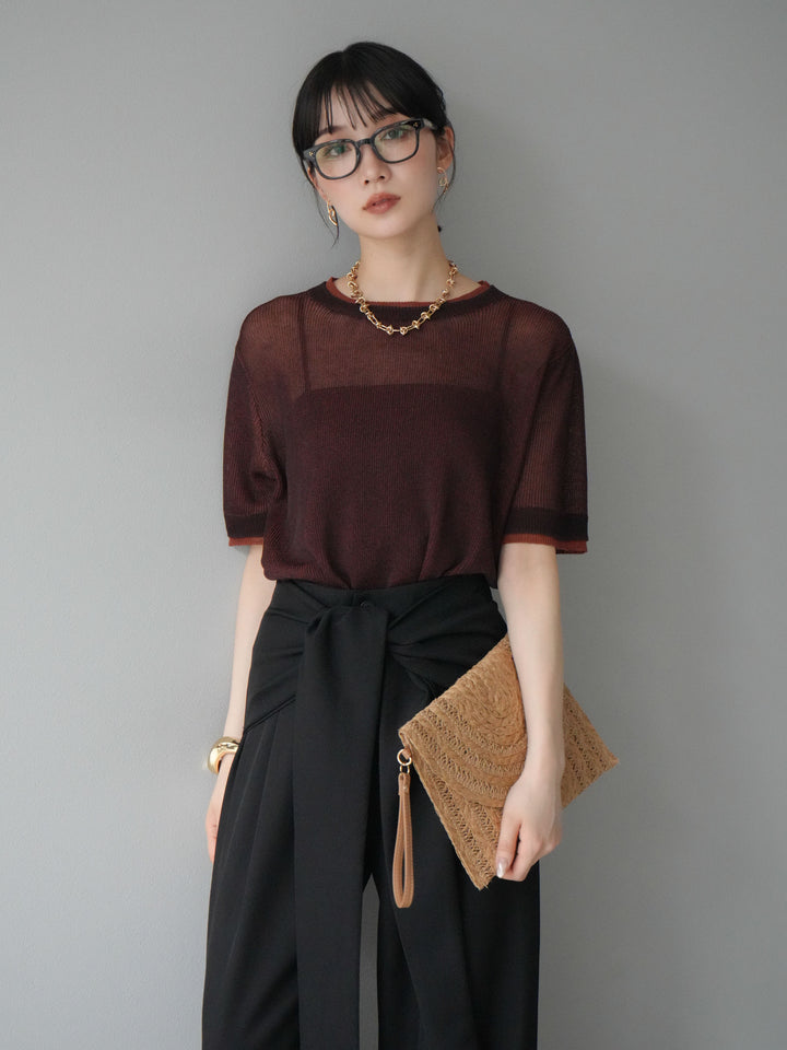 [SET]リネンタッチ配色二重臼ハーフニットトップス+ウエスト巻きデザインワイドパンツ(2set)