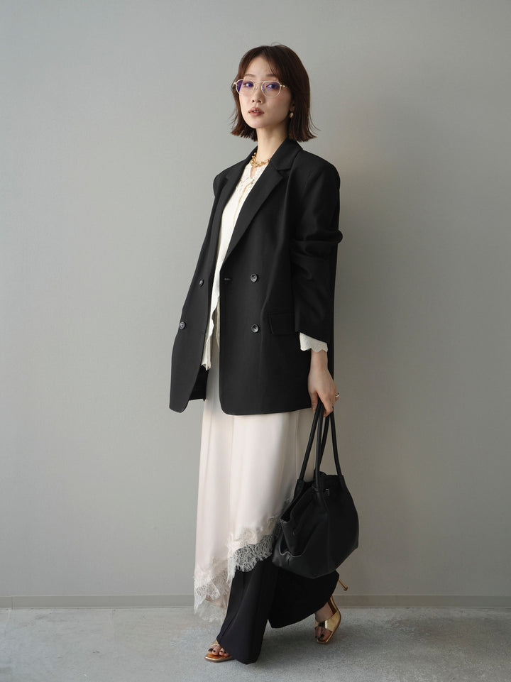 [SET]ダブルブレストオーバージャケット+レースネックジャガードニットカーディガン+サテンライクアシメレーススカート+センターシームフレアパンツ(4set))