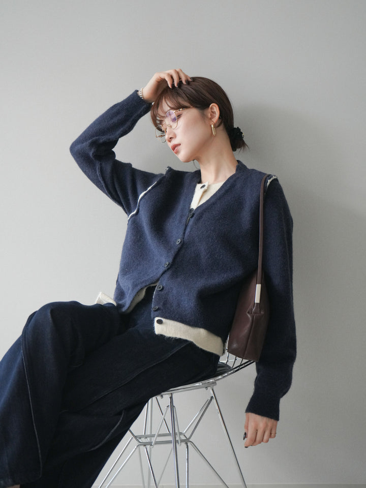 [予約]配色レイヤードニットカーディガン/navy