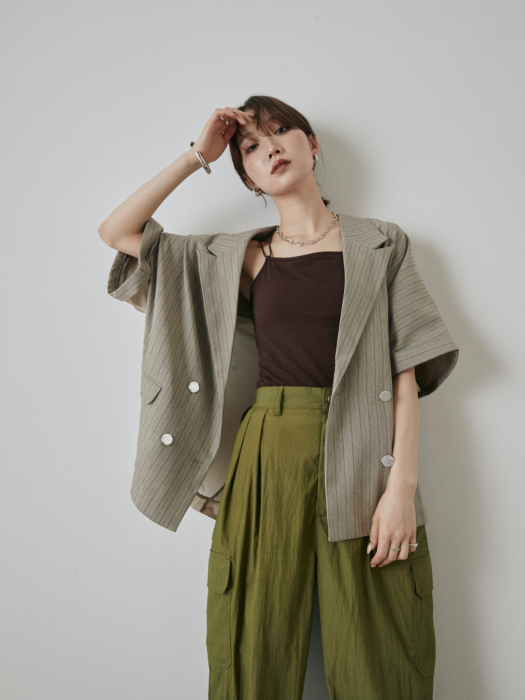 [予約]バックオーガンジーヘリンボーンストライプハーフジャケット/グレージュ