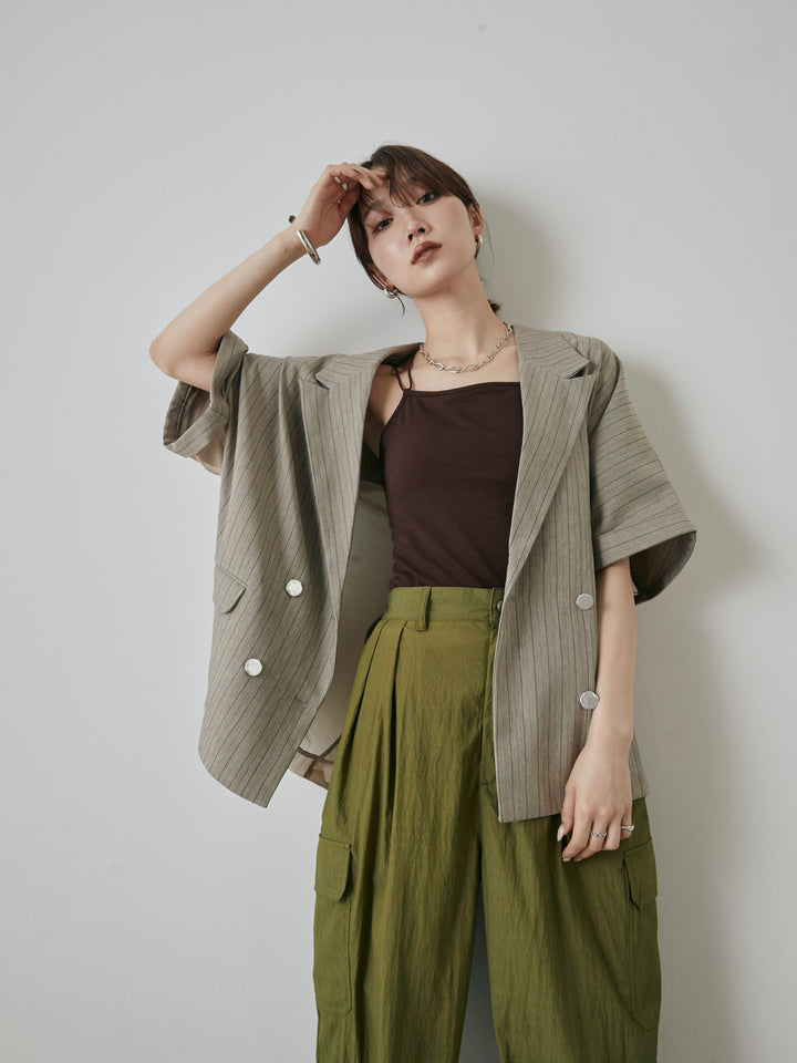 [予約]バックオーガンジーヘリンボーンストライプハーフジャケット/グレージュ