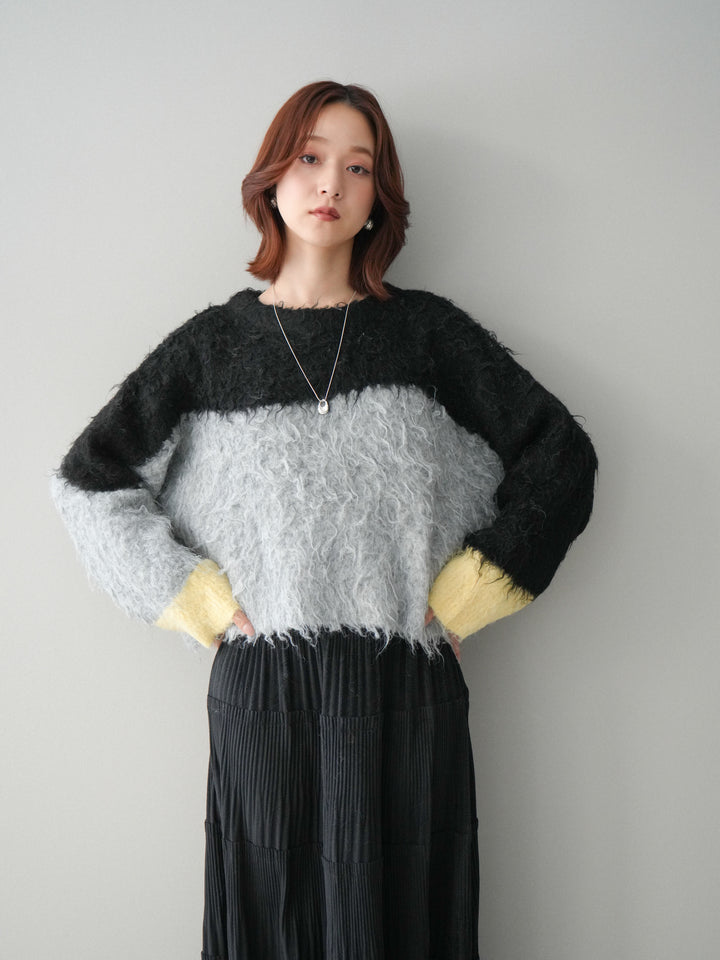 [SET]バイカラーモヘアタッチニットプルオーバー+型押しスエードティアードプリーツスカート(2set)