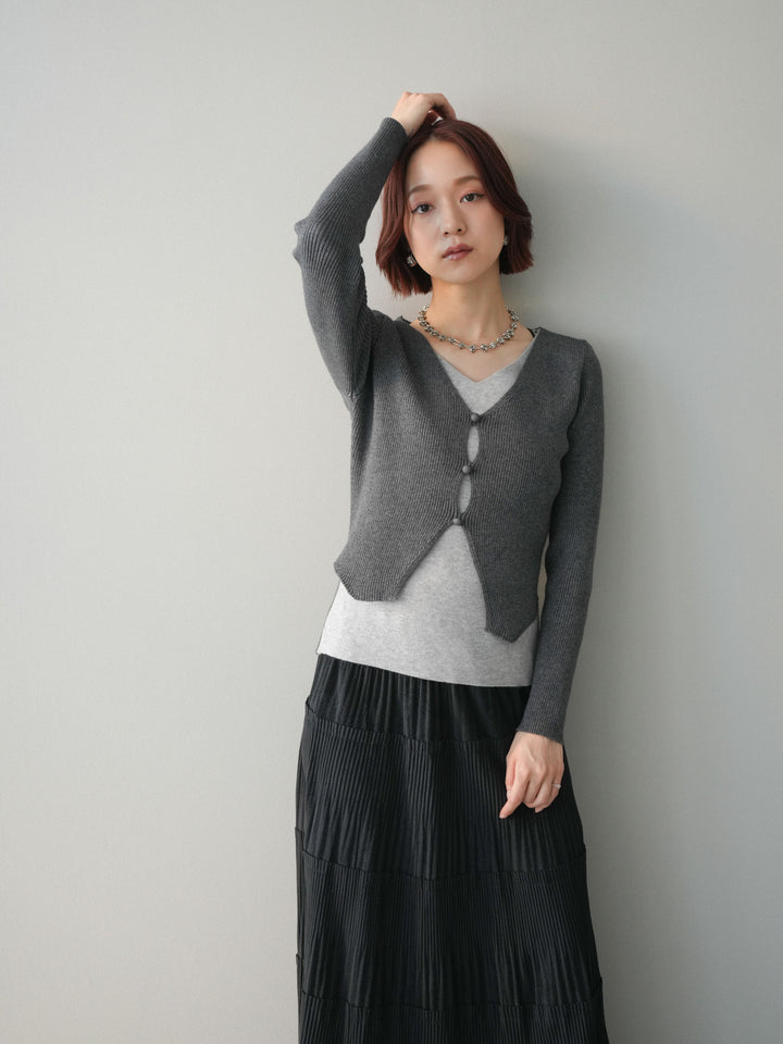 [SET]Vネック配色レイヤードスリットニットトップス+型押しスエードティアードプリーツスカート(2set)