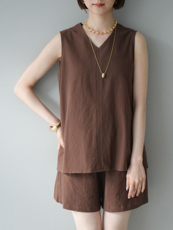 [套裝] 亞麻V領襯衫和短褲套裝 + 可選配件套裝（2 套）