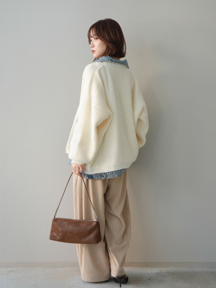 [SET]デニムドッキングオーバーニットジャケット+コーデュロイサイドタックコクーンパンツ(2set)