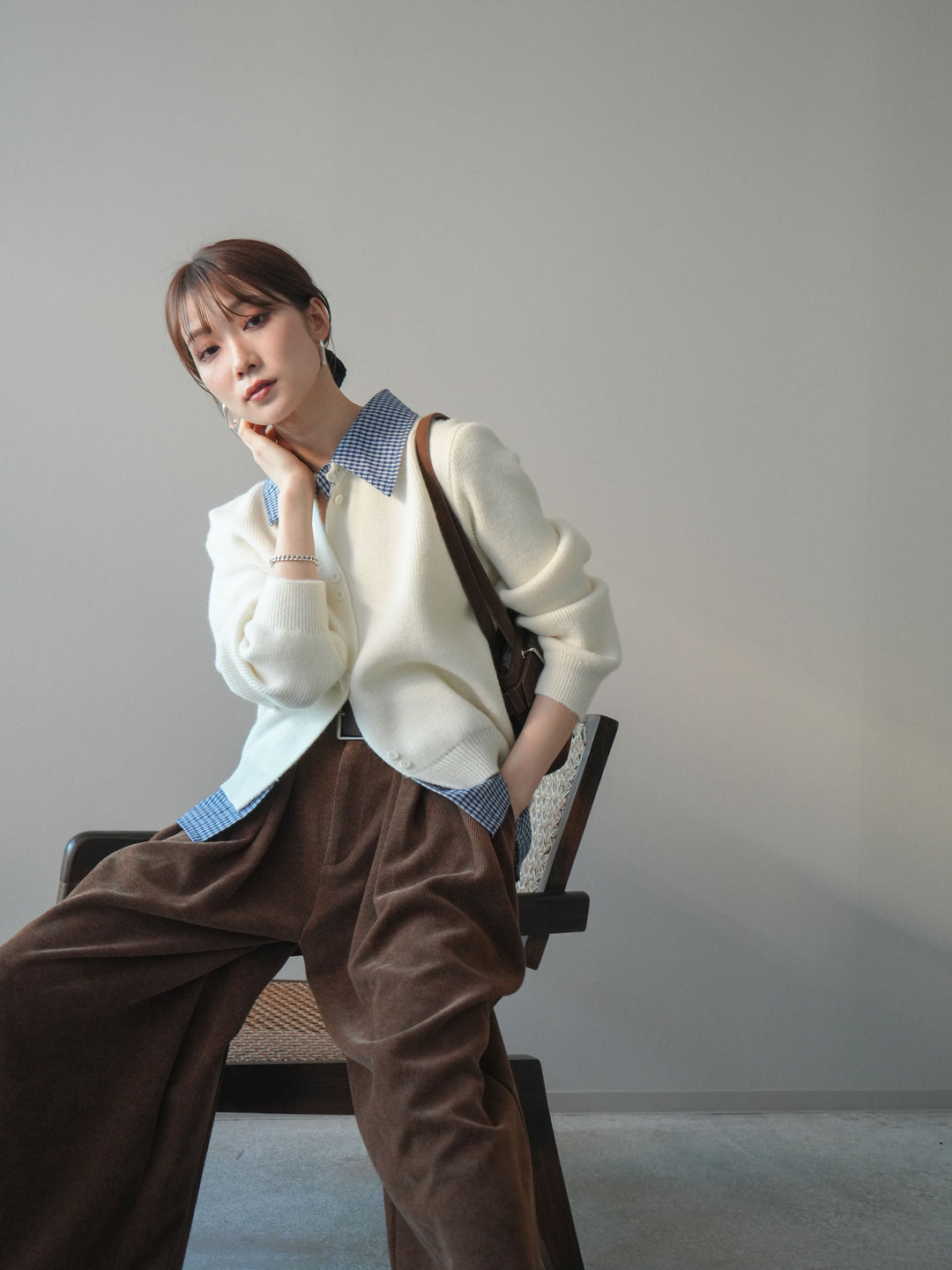 [SET]チェックシャツ襟ニットカーディガン+チェックシャツ襟ニットカーディガン(2set)