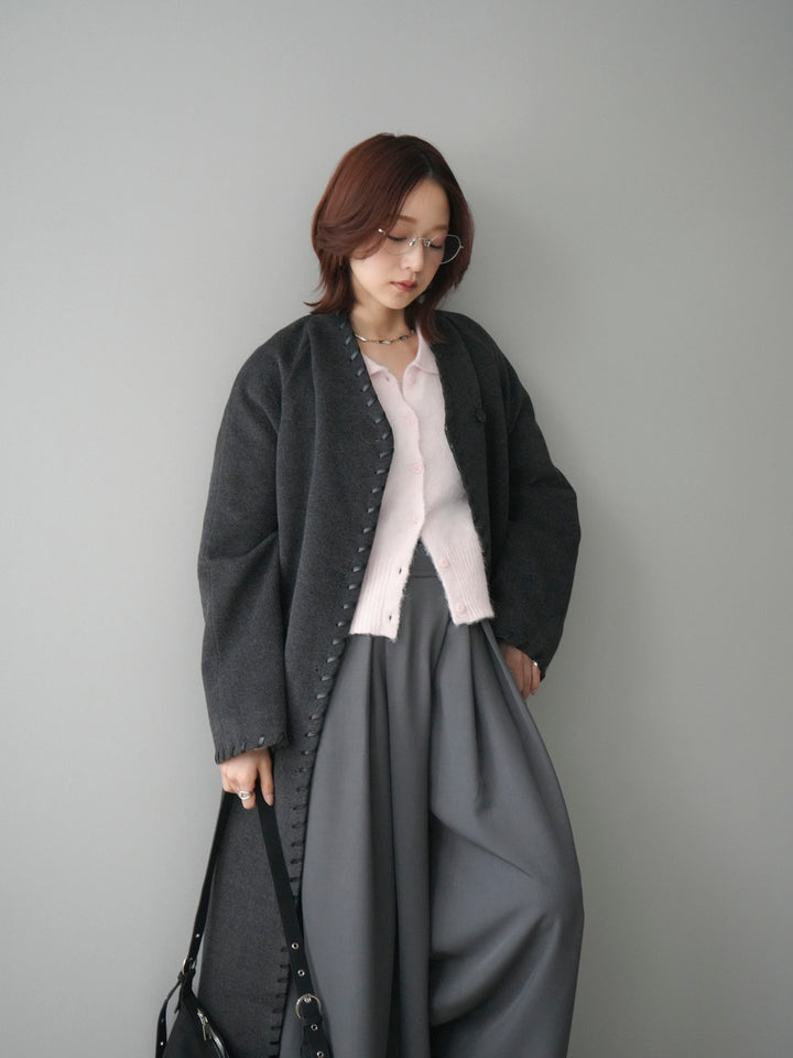 [SET]ハンドステッチ裏中綿ロングコート+モヘア衿付きボタンプルオーバー+テープベルトタックバギーパンツ(3set)