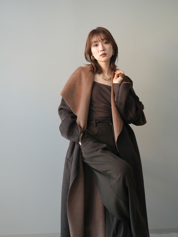 [予約]ダブルフェイスバイカラーロングコート/brown