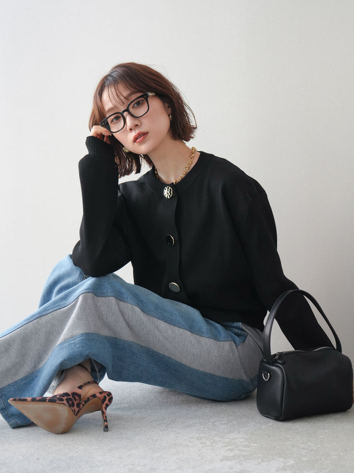[SET]メタルボタンクルーネックニットカーディガン+デニム切替スウェットパンツ(2set)