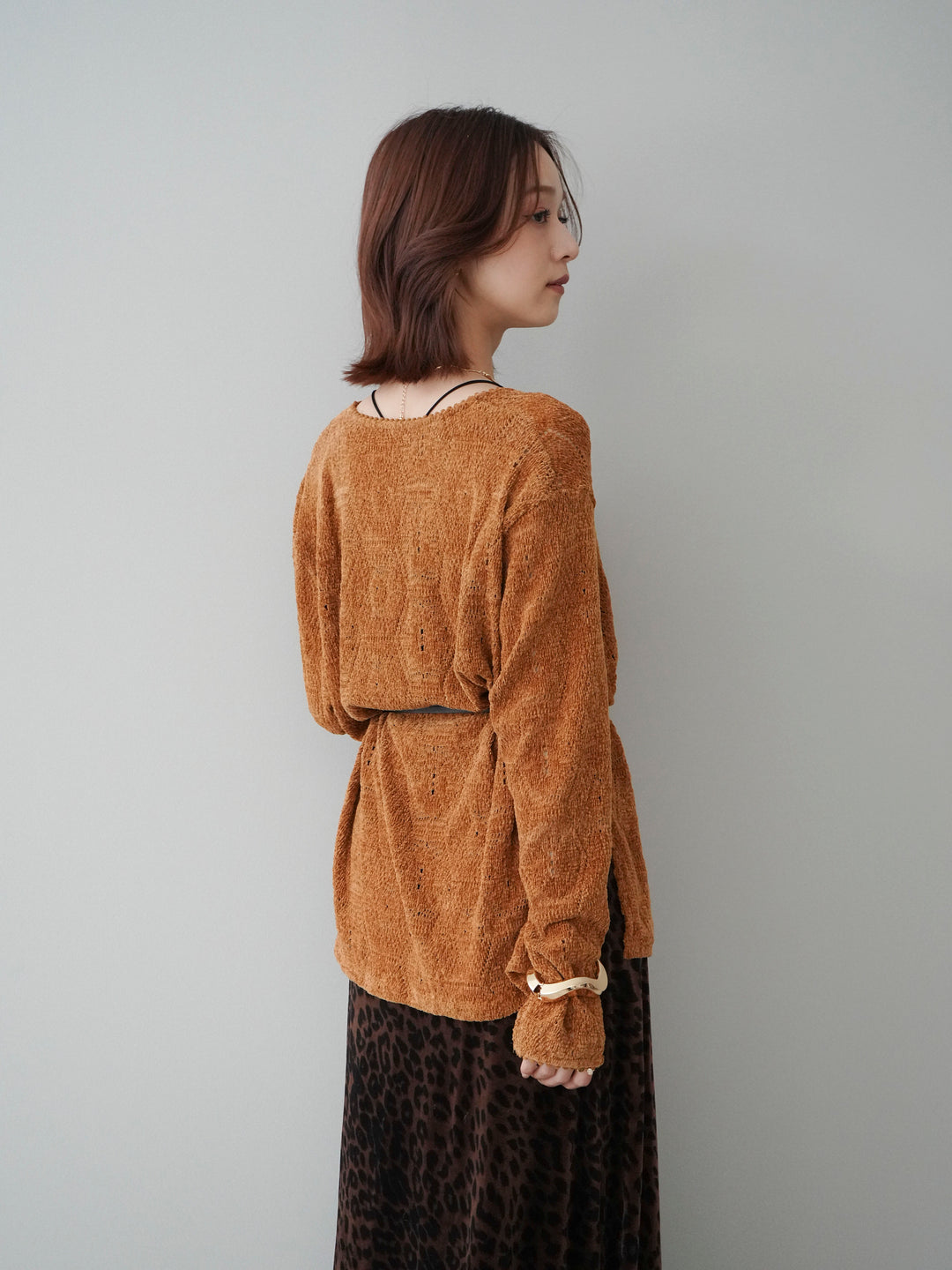 [SET]モール透かし編みニットトップス+レオパードベロアナロースカート(2set)